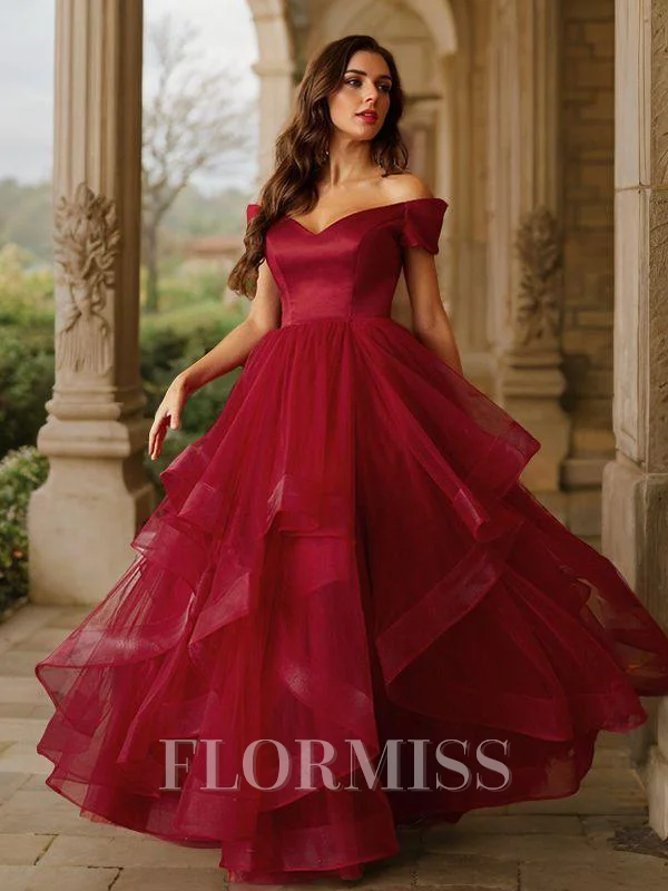 A-Line/Princess Tulle Ruffles Off-the-Shoulder Sleeveless Floor-Length Dresses
