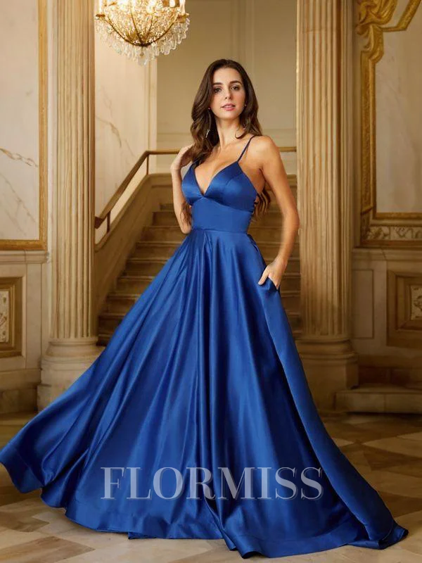 A-Line/Princess Satin Ruffles V-neck Sleeveless Sweep Train Dresses