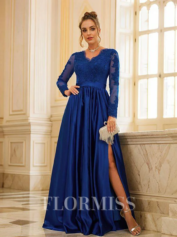 A-Line/Princess Satin Lace V-neck Long Sleeves Floor-Length Dresses