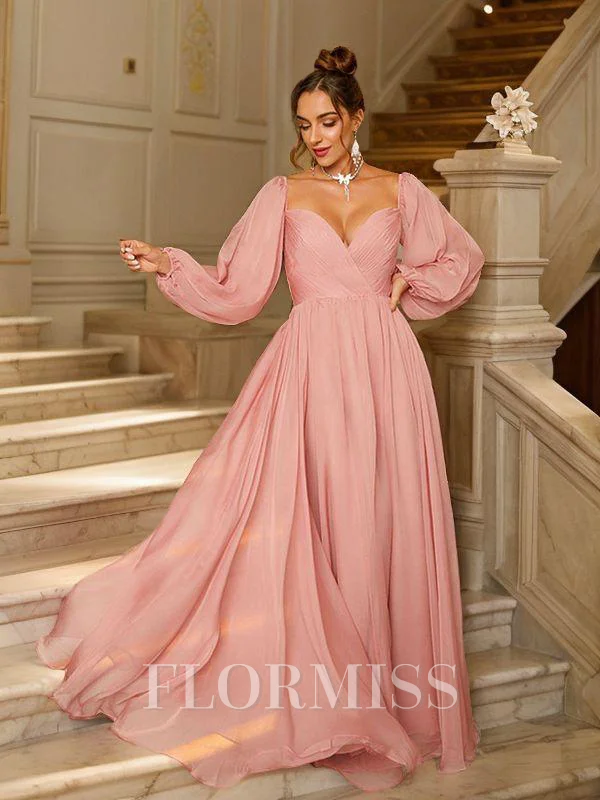 A-Line/Princess 30D Chiffon Ruched V-neck Long Sleeves Floor-Length Dresses