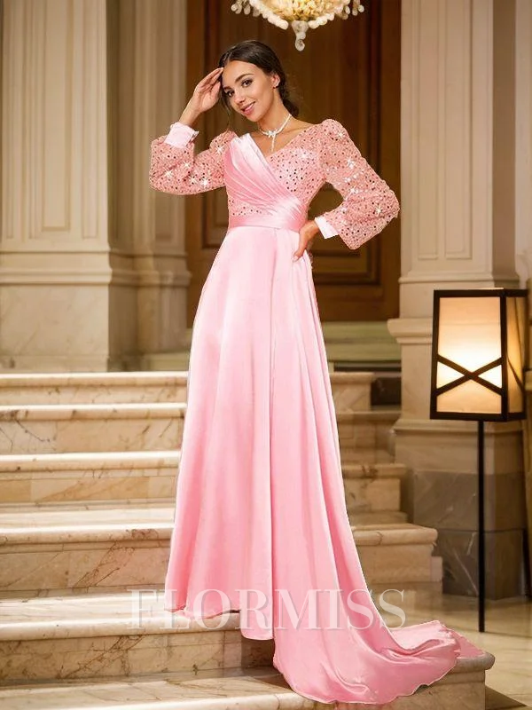 A-Line/Princess Silk like Satin Ruched V-neck Long Sleeves Sweep Train Dresses