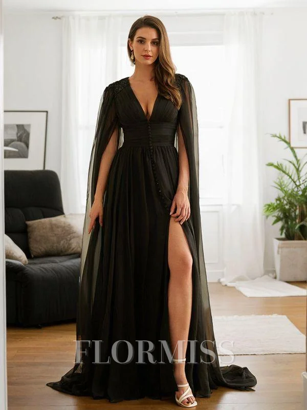 A-Line/Princess 30D Chiffon Ruched V-neck Long Sleeves Floor-Length Dresses