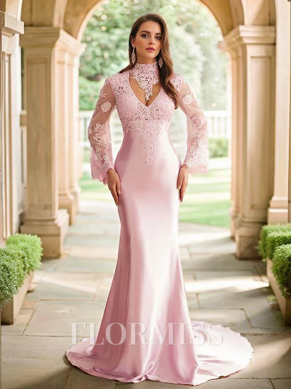 Sheath/Column Silk like Satin Lace High Neck Long Sleeves Sweep Train Dresses
