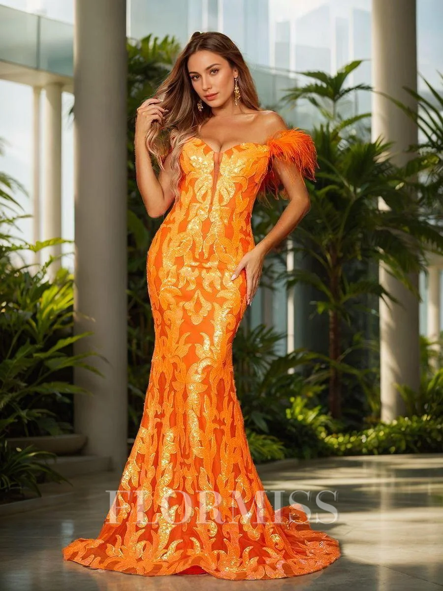 Sheath/Column Feather Fur Off-the-Shoulder Sleeveless Sweep/Brush Train Dresses