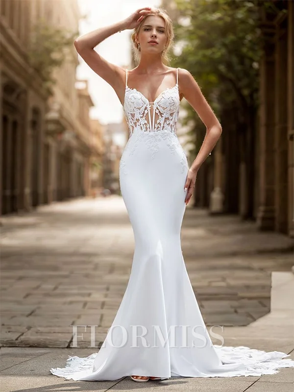 Sheath Stretch Crepe Appliques Lace V-neck Sleeveless Cathedral Train Wedding Dress