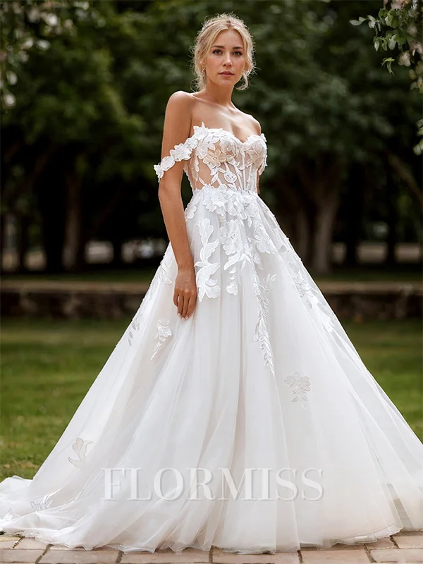 A-line Tulle Appliques Lace Sweetheart Sleeveless Chapel Train Wedding Dress