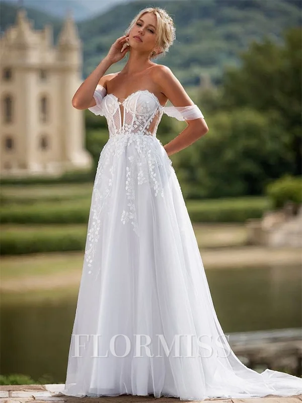 A-line Tulle Appliques Lace Off-the-Shoulder Sleeveless Chapel Train Wedding Dress