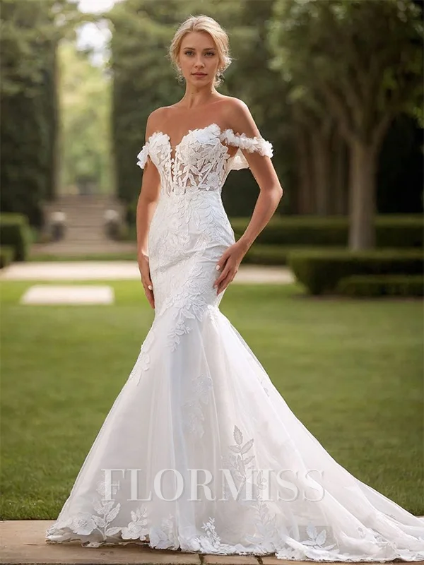 Mermaid Tulle Appliques Lace Off-the-Shoulder Sleeveless Cathedral Train Wedding Dress