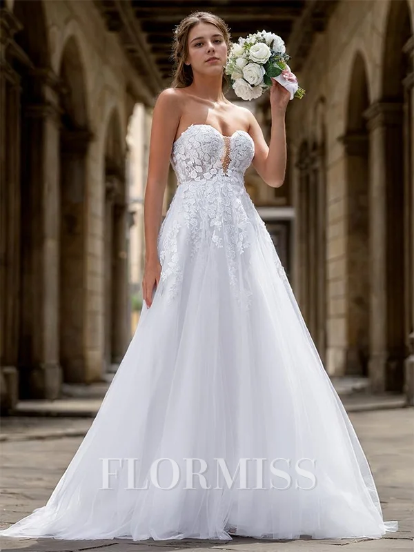 A-line Tulle Appliques Lace Sweetheart Sleeveless Court Train Wedding Dress