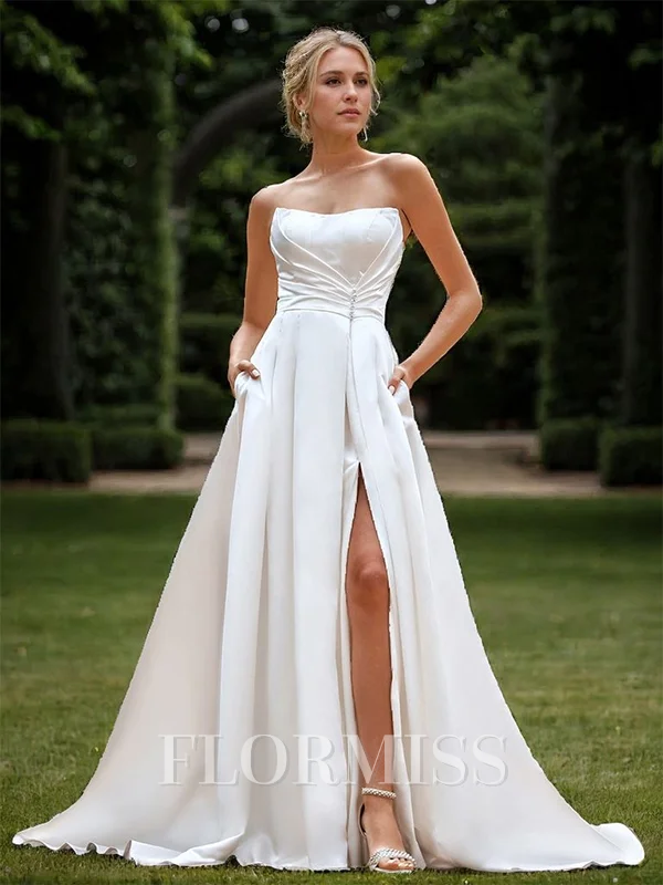 A-line Satin Pleated Straight Sleeveless Court Train Wedding Dress