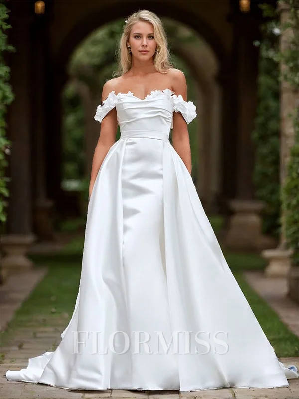 Sheath Satin Flower Off-the-Shoulder Sleeveless Court Train Wedding Dress
