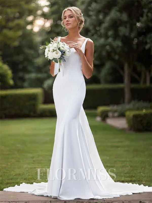 Sheath Stretch Crepe Straps Sleeveless Chapel Train Wedding Dress