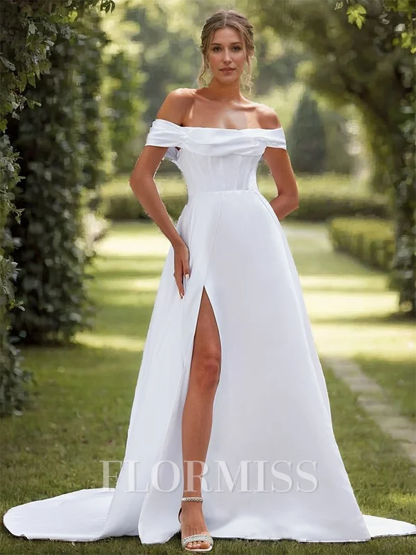 A-line Satin Pleated Off-the-Shoulder Sleeveless Chapel Train Wedding Dress