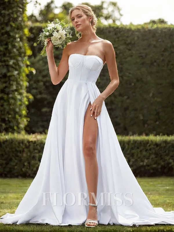 A-line Satin Straight Sleeveless Chapel Train Wedding Dress