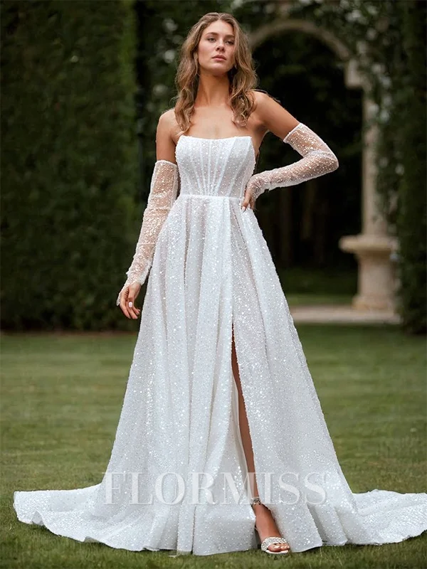A-line Other Straight Long Sleeves Chapel Train Wedding Dress