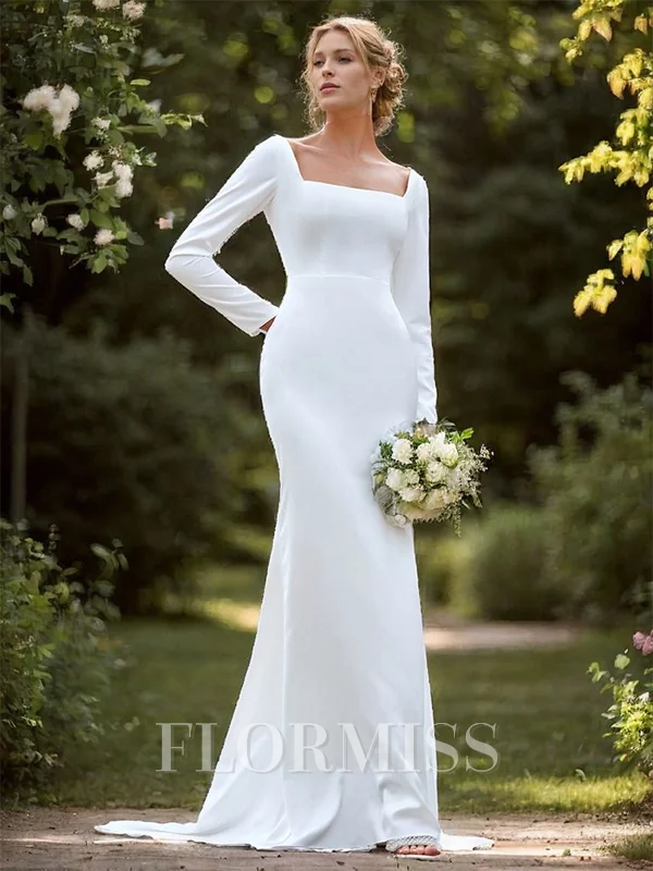 Sheath Charmeuse Square Long Sleeves Sweep Train Wedding Dress