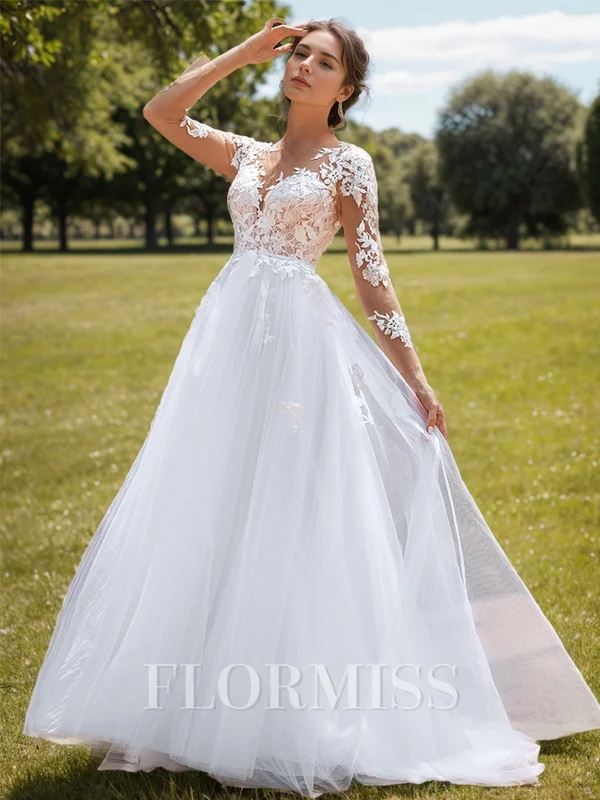 A-line Tulle Appliques Lace Scoop Long Sleeves Court Train Wedding Dress