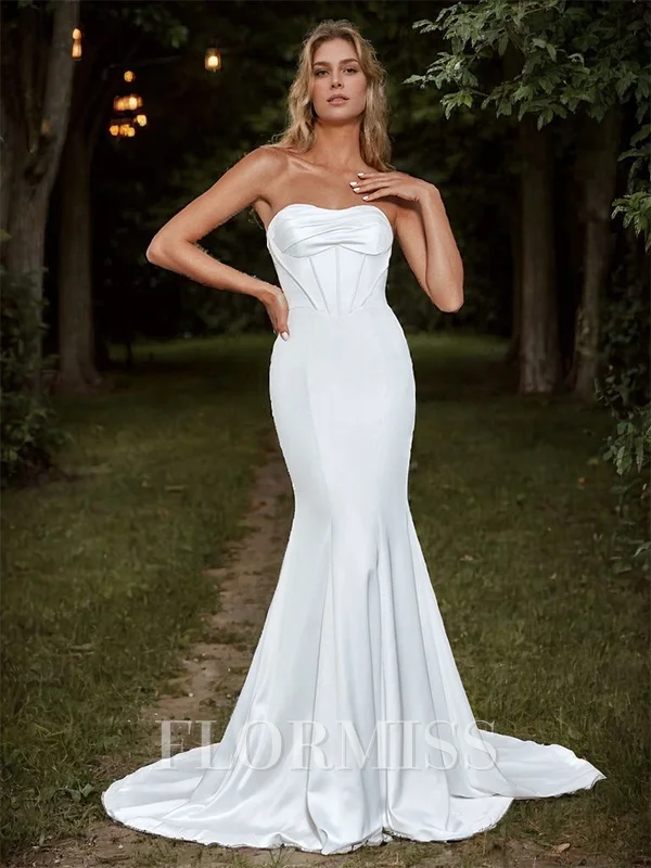 Sheath Charmeuse Pleated Sweetheart Sleeveless Sweep Train Wedding Dress