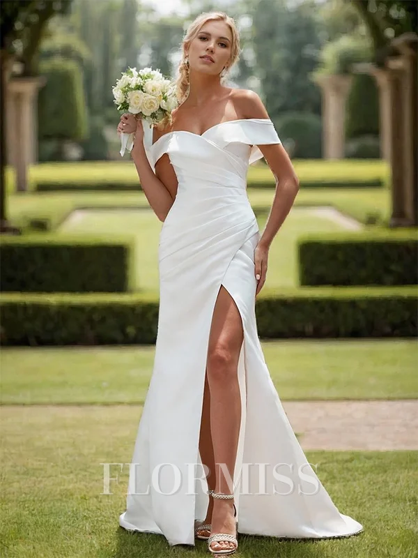 Sheath Satin Pleated Off-the-Shoulder Sleeveless Chapel Train Wedding Dress