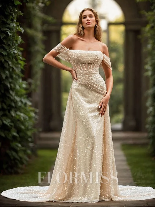Sheath Other Pleated Off-the-Shoulder Sleeveless Cathedral Train Wedding Dress