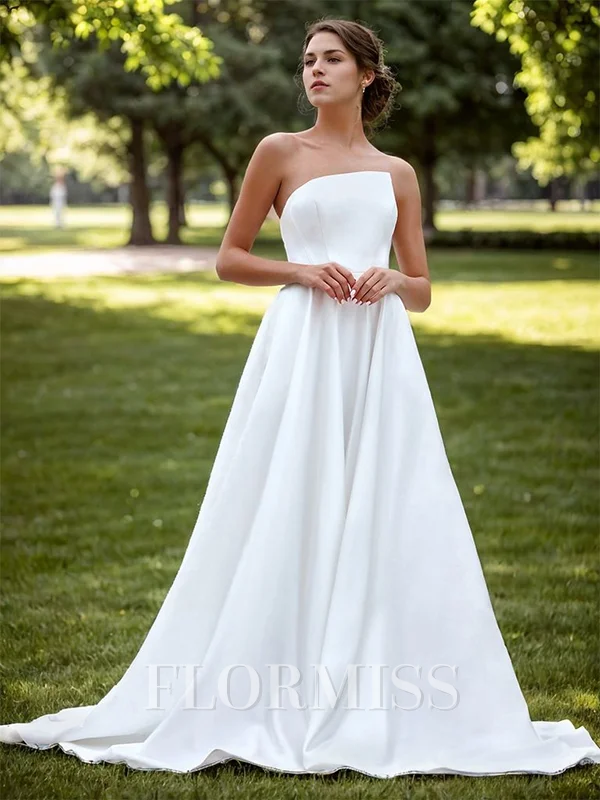 A-line Satin Straight Sleeveless Chapel Train Wedding Dress