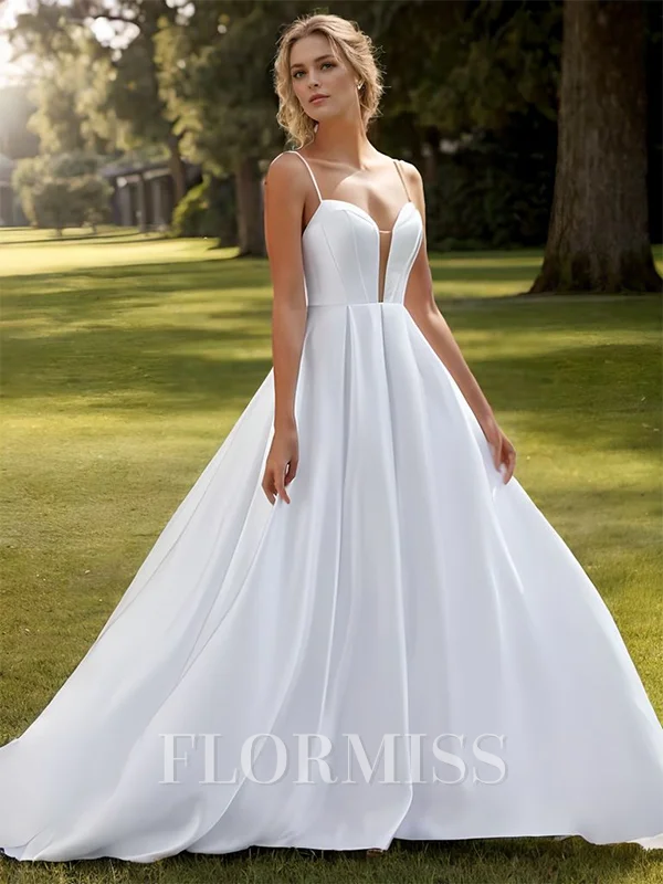 A-line Satin Bow Spaghetti Straps Sleeveless Sweep Train Wedding Dress