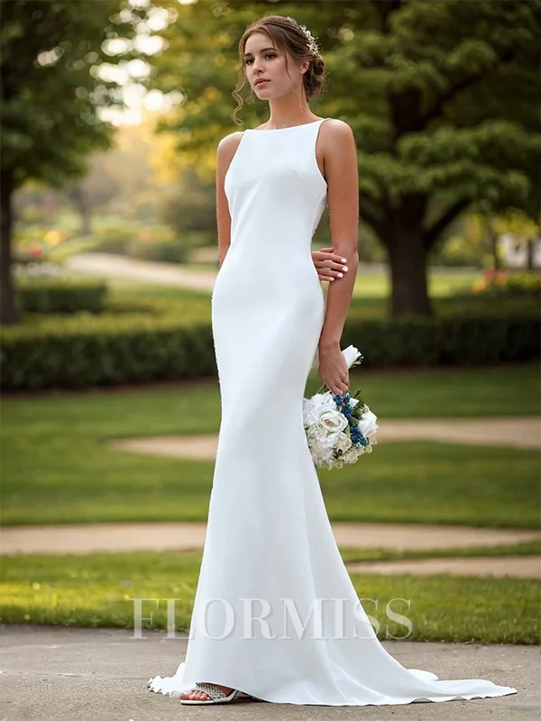 Sheath Stretch Crepe Scoop Sleeveless Sweep Train Wedding Dress