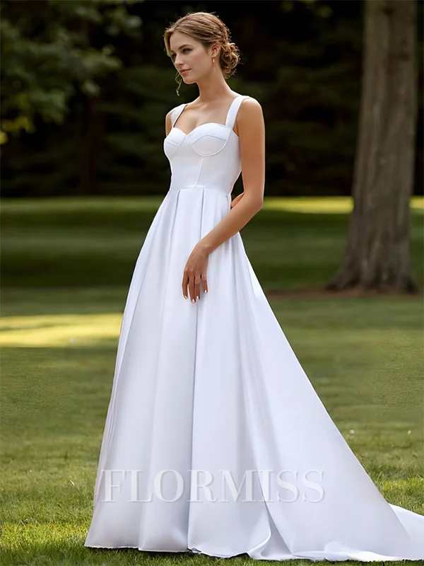 A-line Satin Straps Sleeveless Sweep Train Wedding Dress