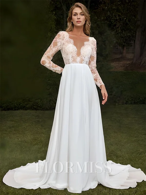 A-line Chiffon Appliques Lace Scoop Long Sleeves Court Train Wedding Dress