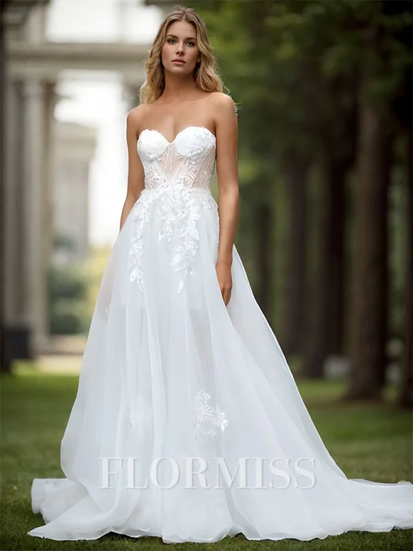 A-line Tulle Appliques Lace Sweetheart Sleeveless Sweep Train Wedding Dress