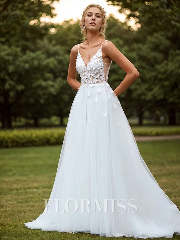 A-line Tulle Appliques Lace V-neck Sleeveless Sweep Train Wedding Dress