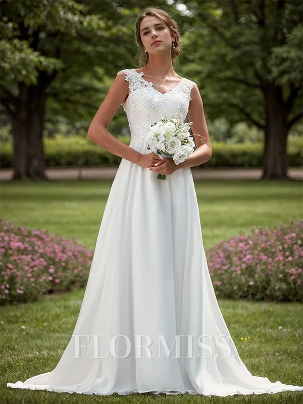 A-line Chiffon Appliques Lace V-neck Sleeveless Sweep Train Wedding Dress