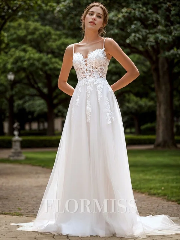 A-line Tulle Appliques Lace Spaghetti Straps Sleeveless Sweep Train Wedding Dress