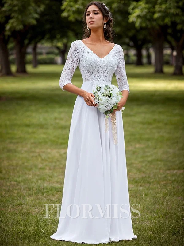 A-line Chiffon Appliques Lace V-neck 3/4 Sleeves Floor-Length Wedding Dress