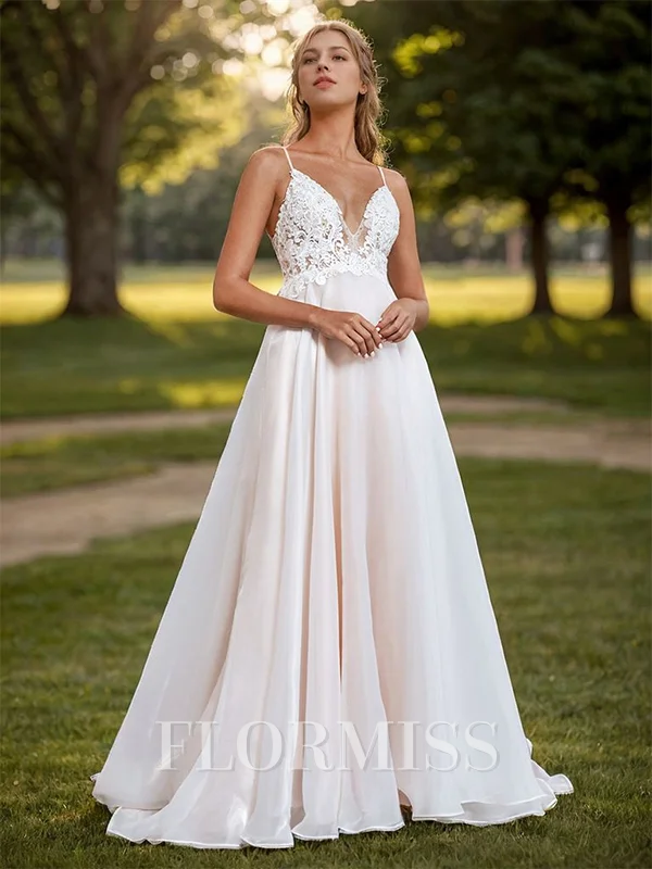 A-line Organza Appliques Lace V-neck Sleeveless Court Train Wedding Dress