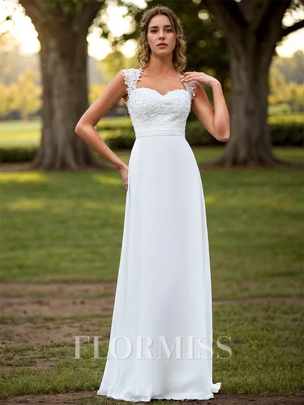 A-line Chiffon Appliques Lace Sweetheart Sleeveless Floor-Length Wedding Dress