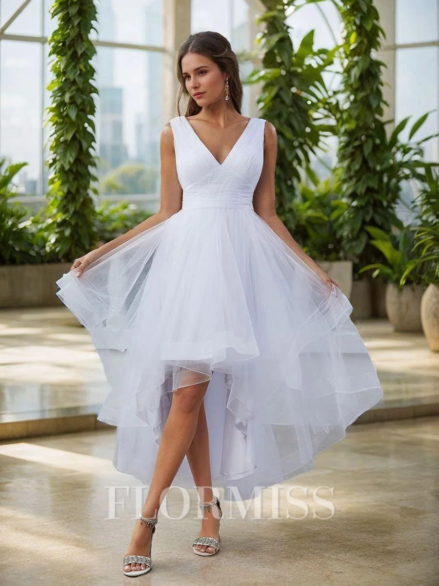 A-line V-neck Pleated Asymmetrical Tulle Wedding Dress