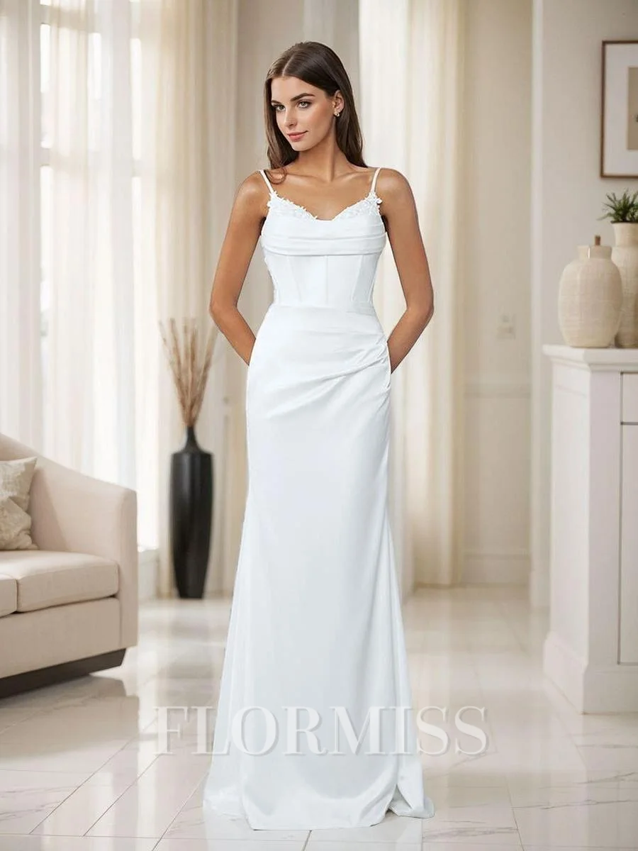 Sheath Spaghetti Straps Pleated Court Train Charmeuse Corset Wedding Dress
