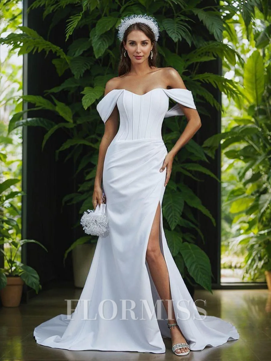 Sheath Off-the-Shoulder Pleated Chapel Train Stretch Crepe Corset Wedding Dress