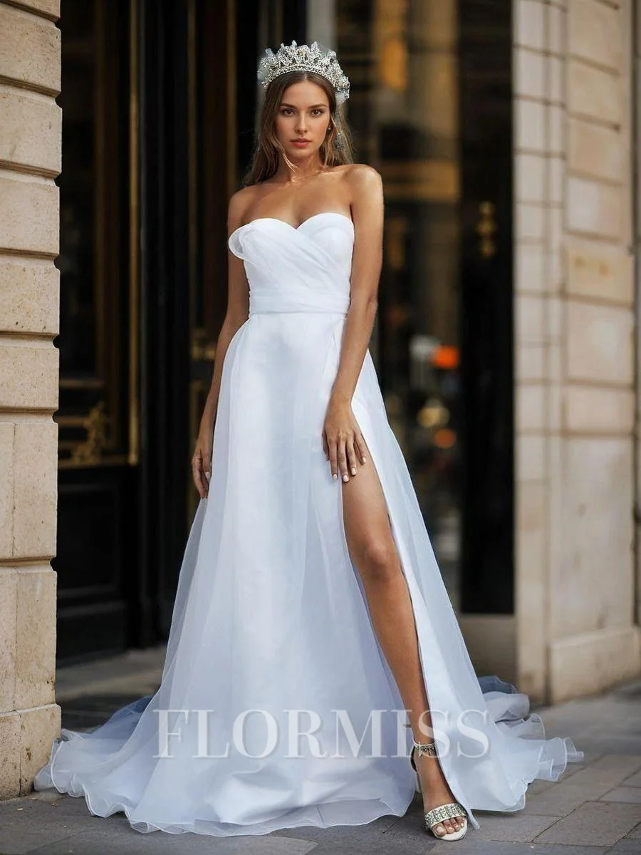 A-line Sweetheart Pleated Cathedral Train Organza Wedding Dress