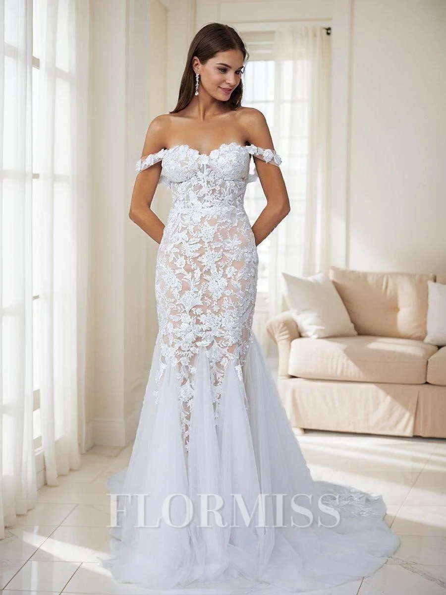 Mermaid Off-the-Shoulder Appliques Lace Cathedral Train Tulle Corset Wedding Dress
