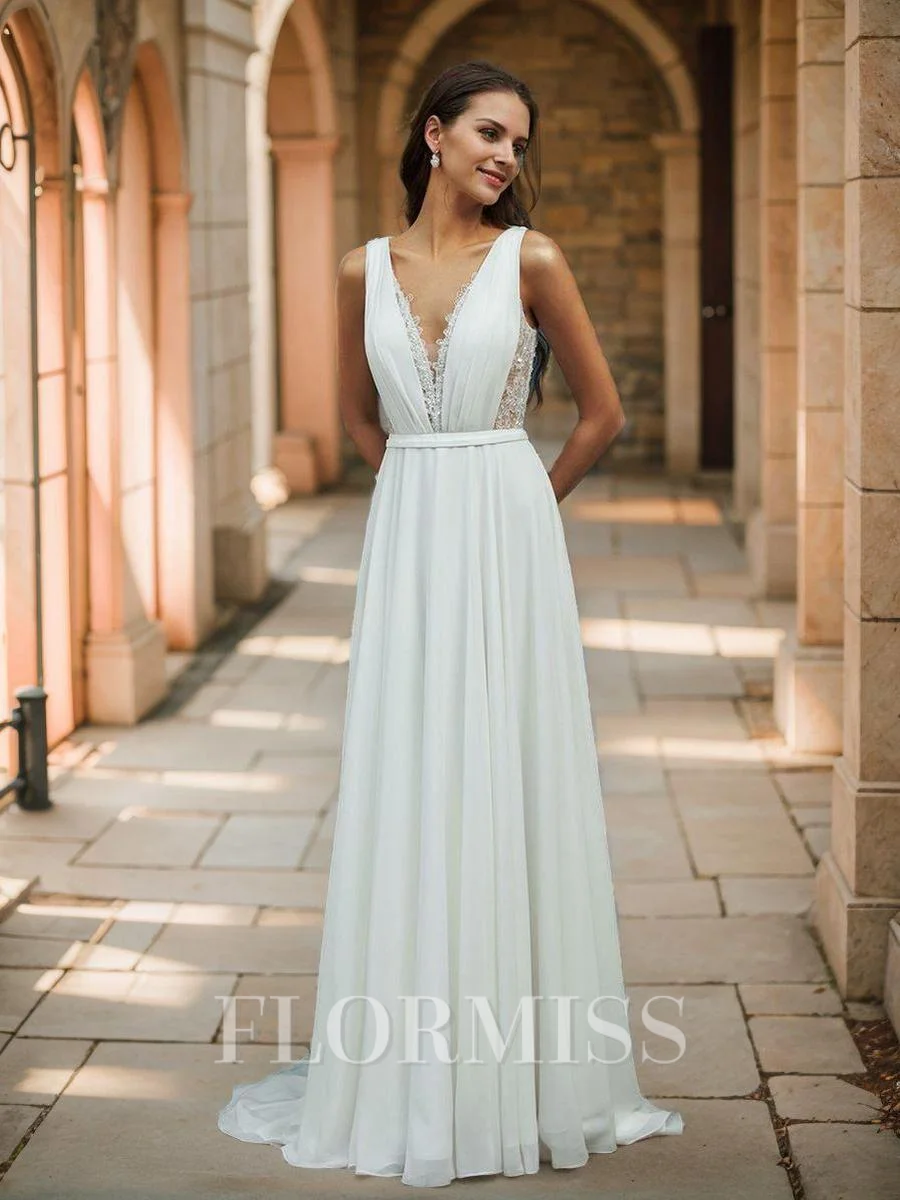 A-line V-neck Appliques Lace Sweep Train Chiffon Wedding Dress