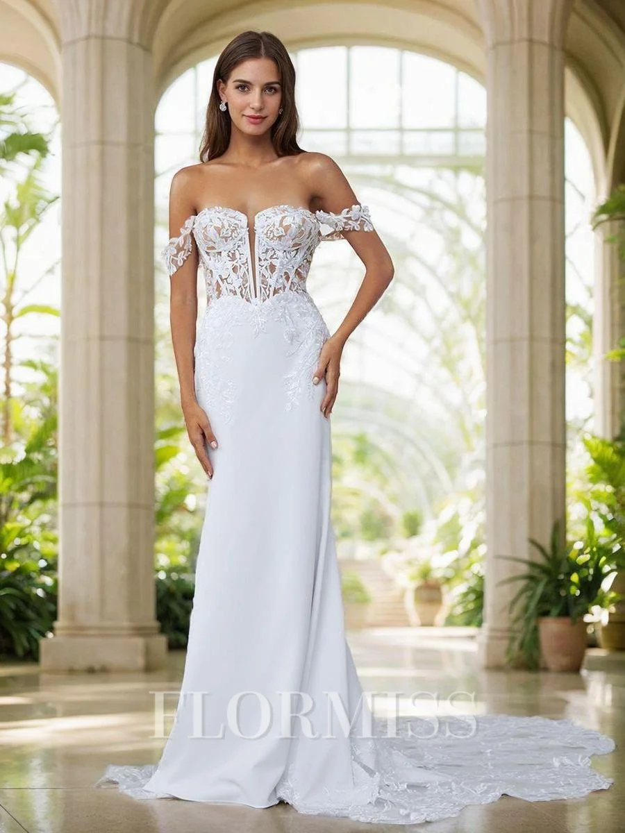 Sheath Off-the-Shoulder Appliques Lace Cathedral Train Stretch Crepe Corset Wedding Dress