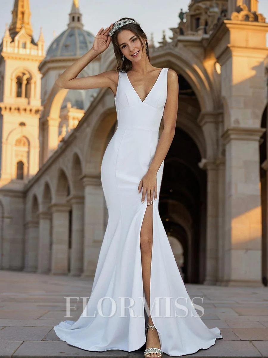 Sheath V-neck Court Train Stretch Crepe Wedding Dress