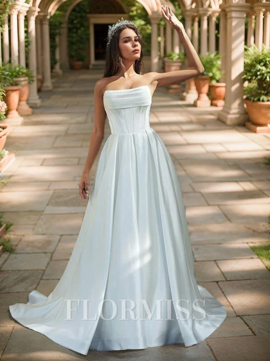 A-line Straight Pleated Sweep Train Satin Corset Wedding Dress