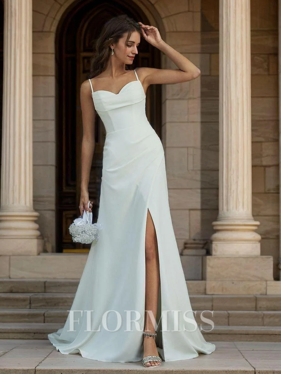 Sheath Spaghetti Straps Pleated Court Train Stretch Crepe Wedding Dress