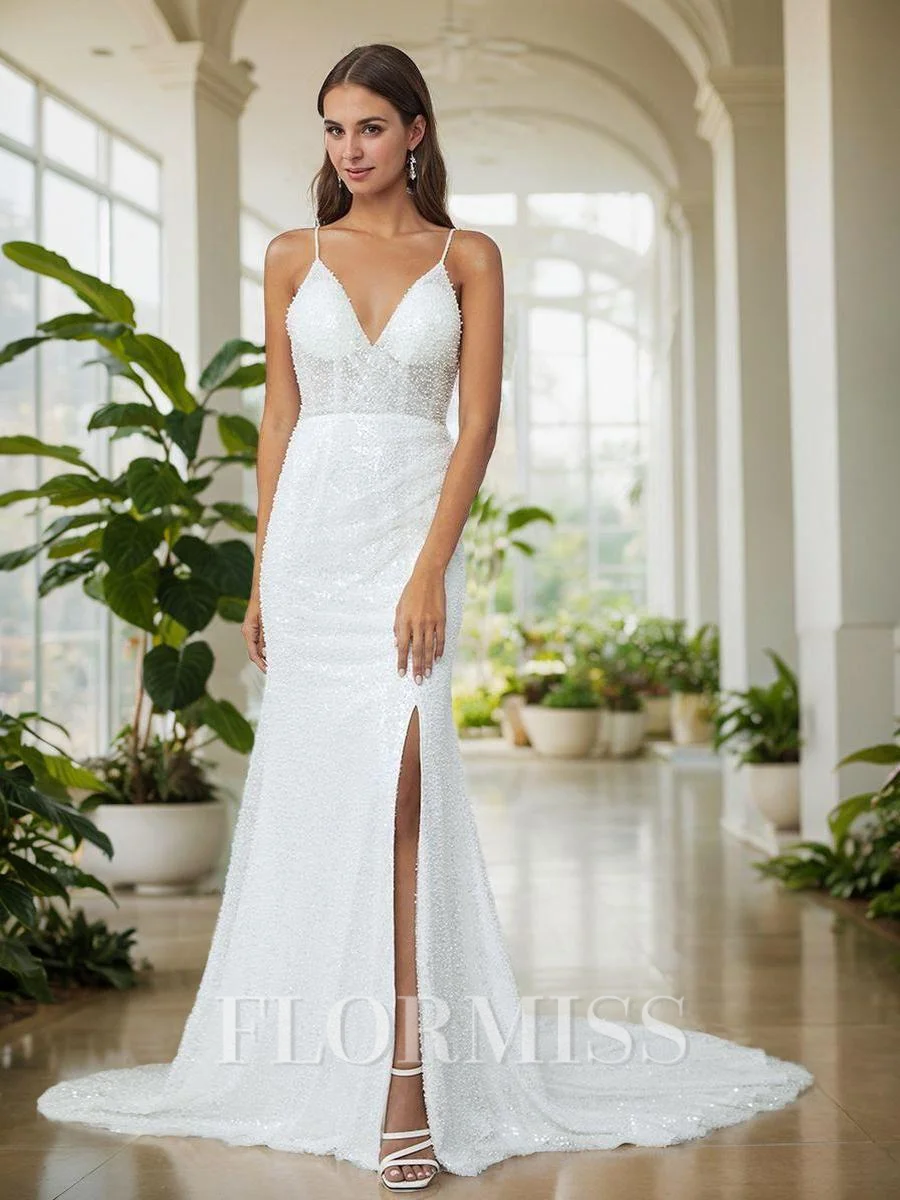 Sheath V-neck Beading Court Train Wedding Dress