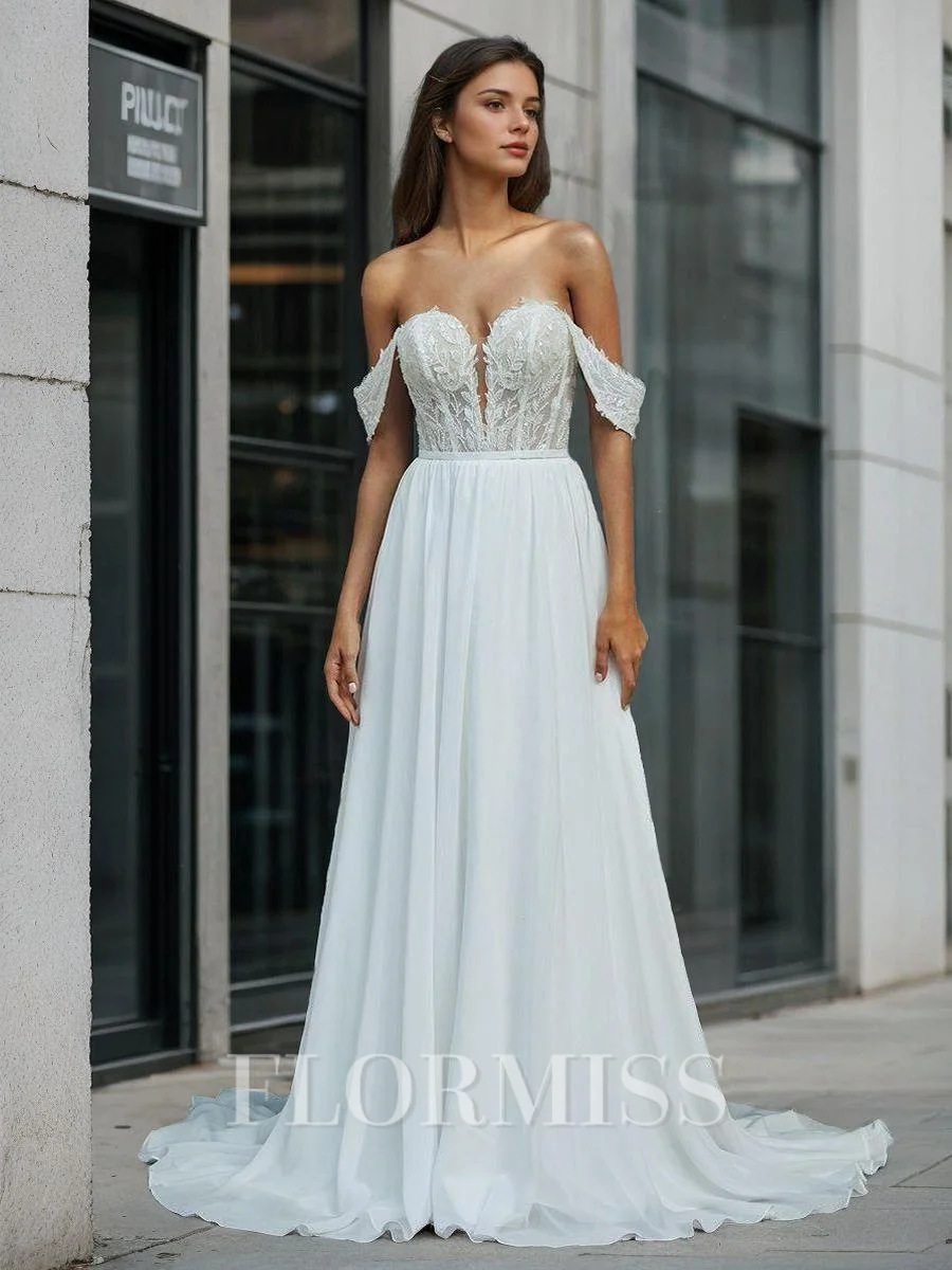 A-line Off-the-Shoulder Appliques Lace Court Train Chiffon Wedding Dress