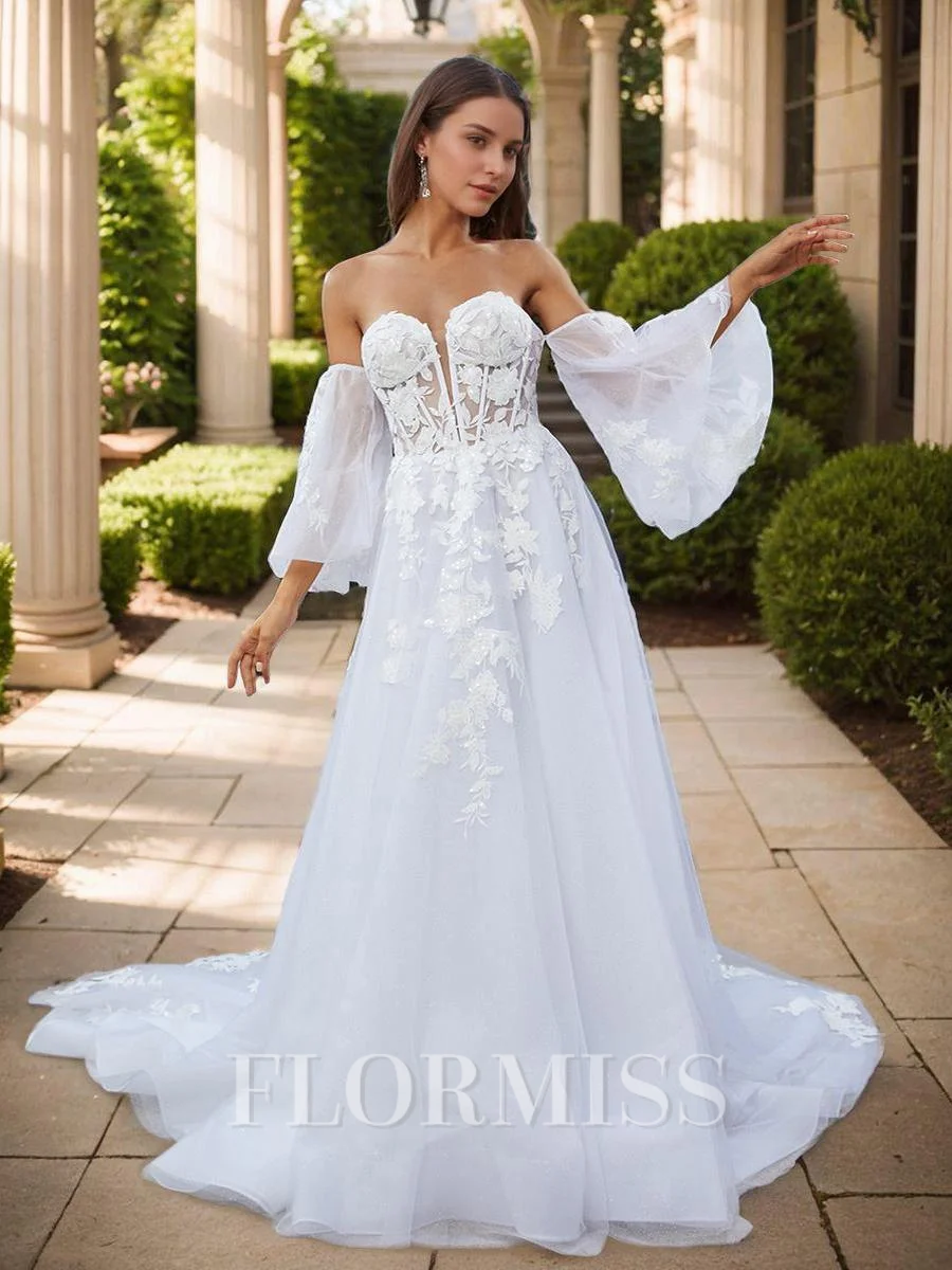 A-line Sweetheart Long Sleeves Appliques Lace Chapel Train Tulle Corset Convertible Wedding Dress