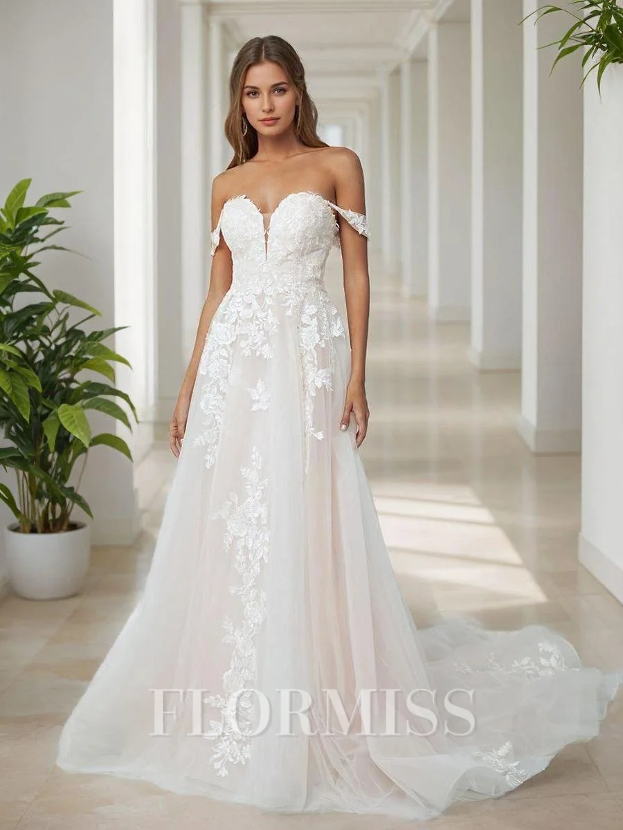 A-line Off-the-Shoulder Appliques Lace Cathedral Train Tulle Wedding Dress